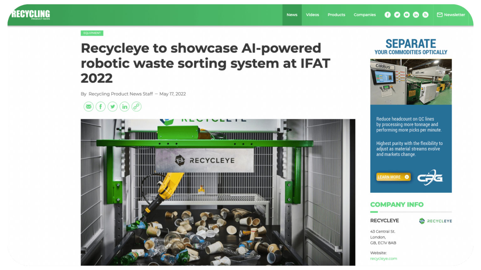 recycling product news article on Recycleye