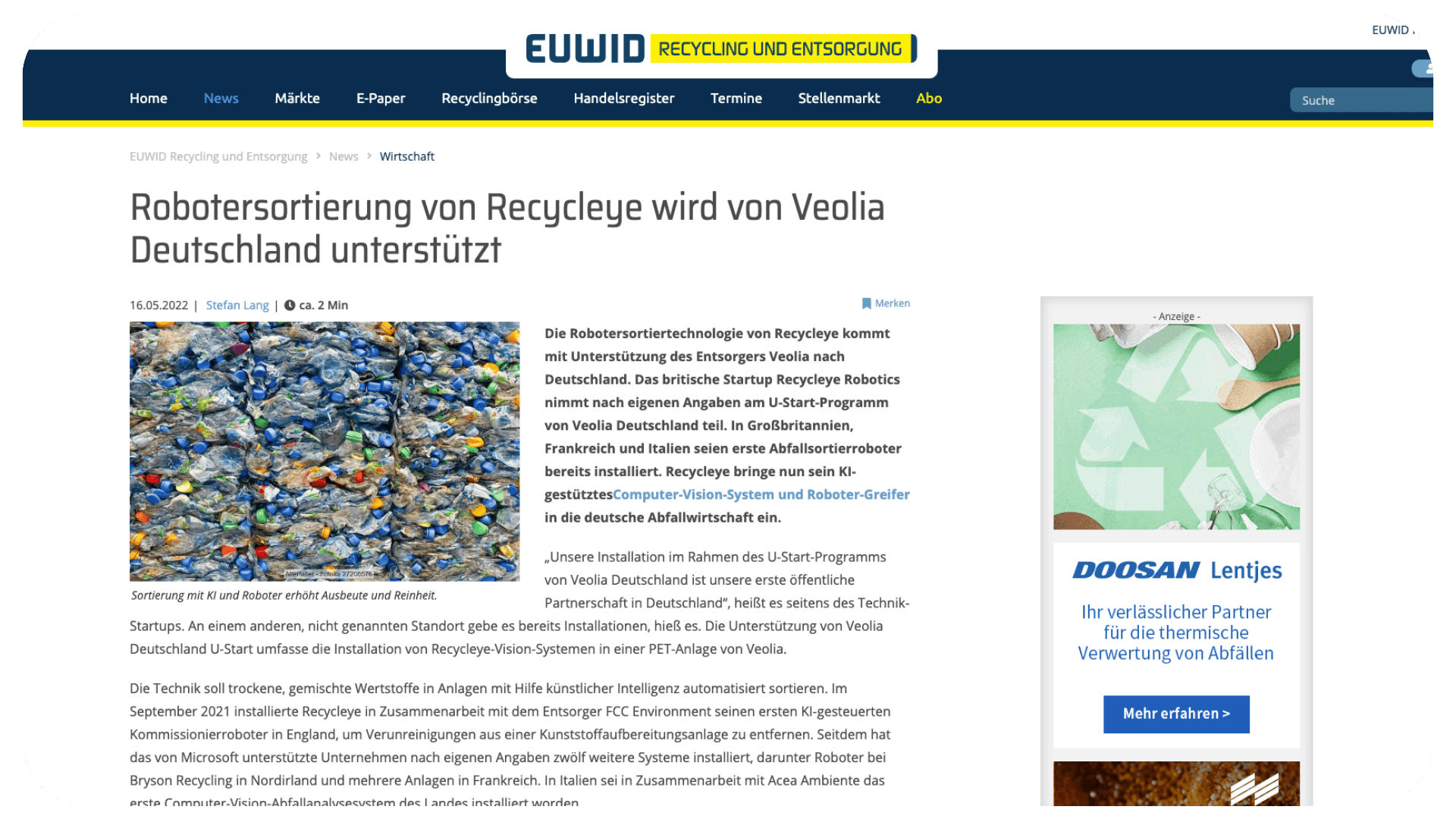 euwid recycling article on Recycleye
