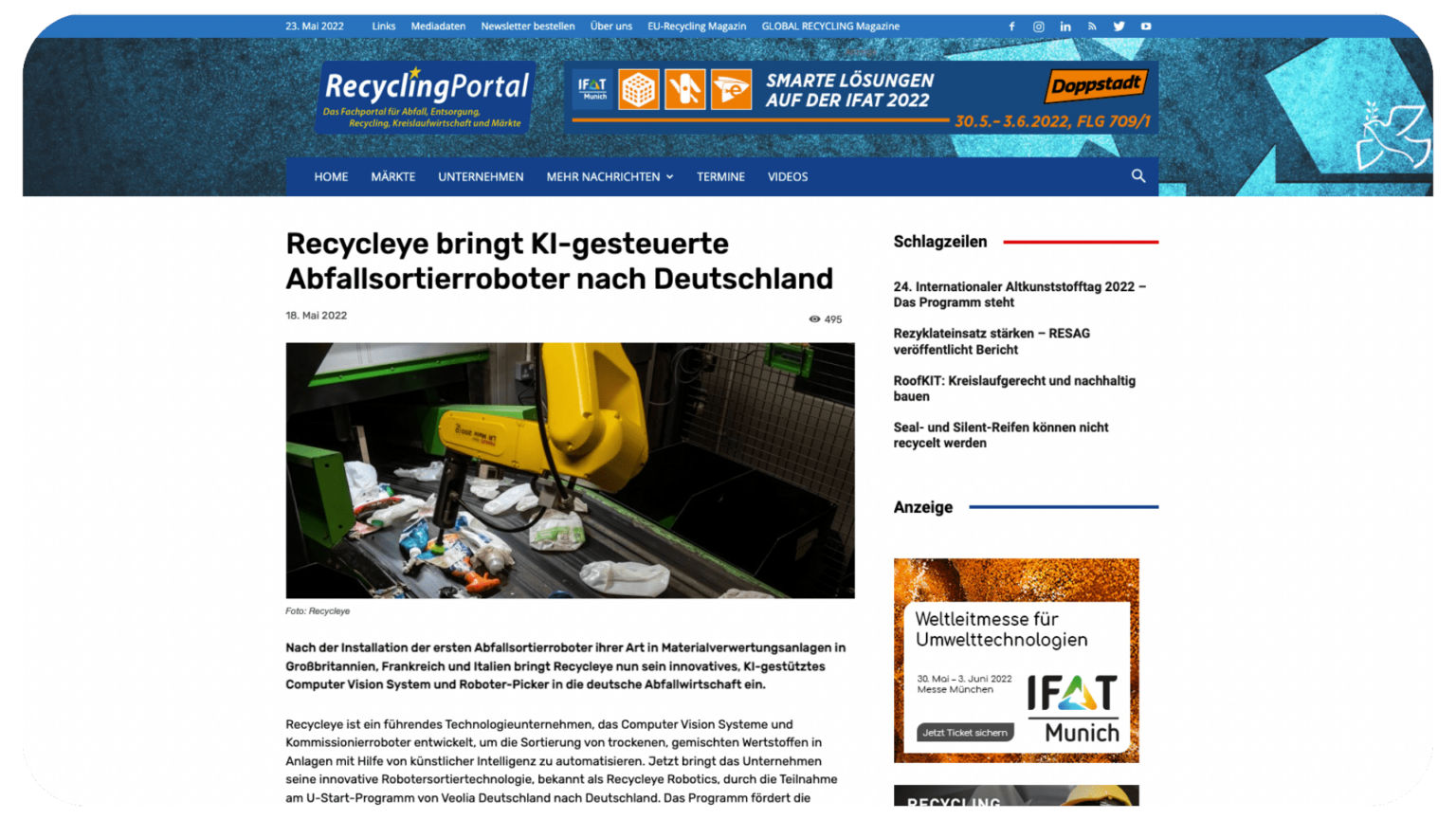 recycling portal article on Recycleye