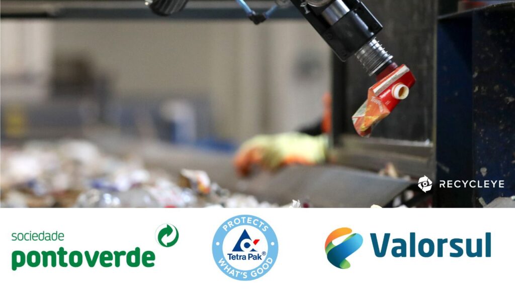 Ponto Verde Tetra Pak and Valorsul logos with a Recycleye robot picking a drinks carton